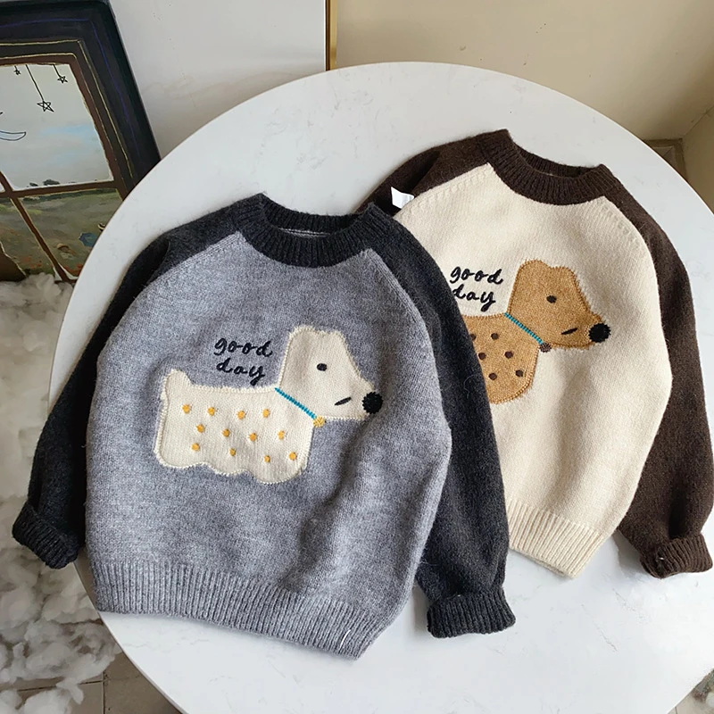 Children's sweater autumn and winter girls cute pullover warm puppy jacquard shoulder sleeve