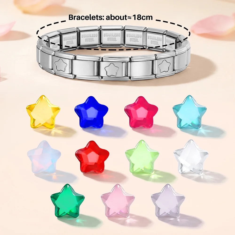 Charm Women Men Silver Color Jewelry Fashion Rainbow Colors Star Italian Link Fit 9mm Stainless Steel Bracelet Making DIY