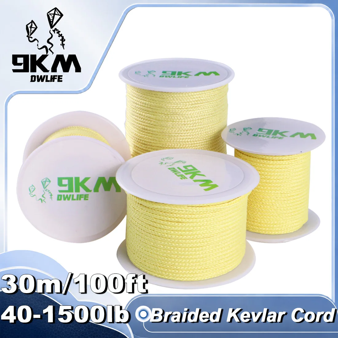 9KM DWLIFE Braided Kevlar Cord, 40lb~1500lb, 100ft-30m, High Tensile Strength, Abrasion, Flame Retardant, Kite String,