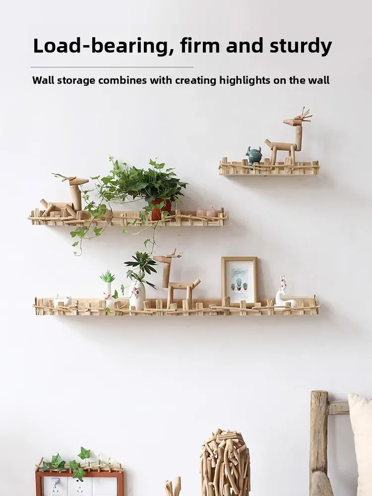Log wall rack No punching hanging shelf TV decoration living room baffle creative