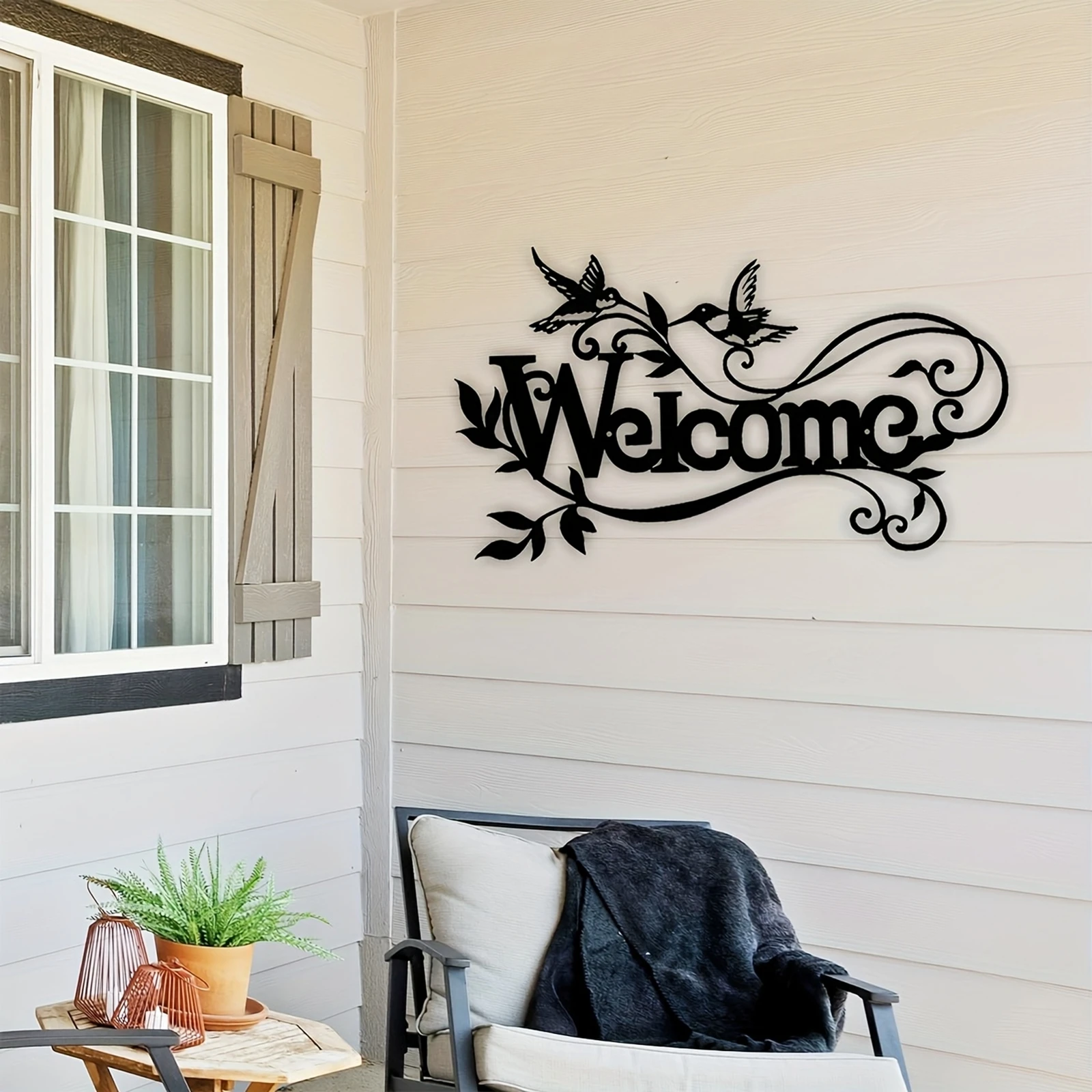 1Pc Black Iron Wall Decor Elegant Cursive Welcome Sign, Metal Floral Bird Art for Home Entryway, Durable Indoor Outdoor Hanging