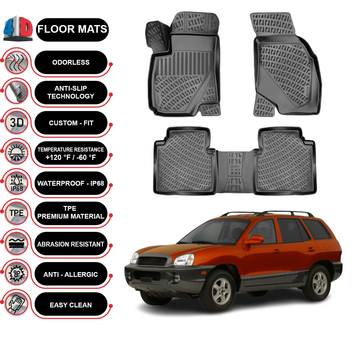 Hyundai Santa Fe - (2001-2006) Floor Mats Liner Waterproof 3D - (Black)