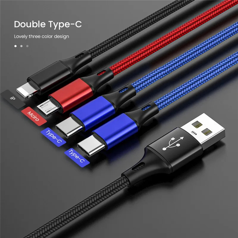 4 In 1 USB Cable For iPhone 3 In 1 USB A To Micro USB/Type C/8 Pin Charger Kable 3A Fast Charging Cabl For Huawei Samsung Xiaomi