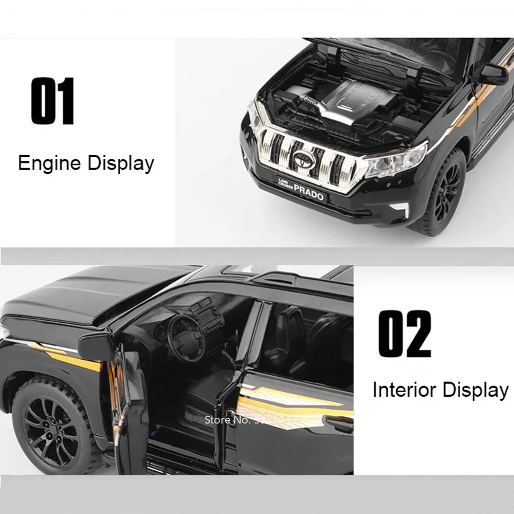 1:32 Toyota Prado Speelgoed Auto Modellen Zinklegering Wiel Trek SUV met Lichte Muziek Miniatuur Voertuigen voor Jongens Ornamenten Geschenken