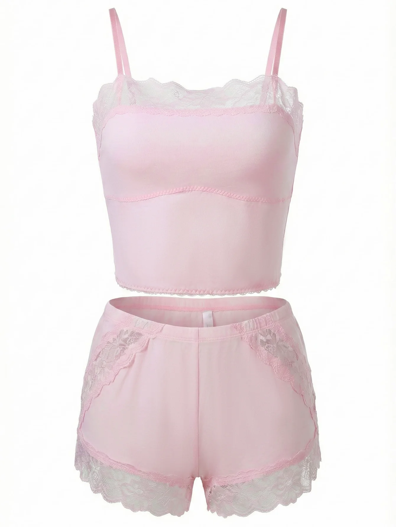 

Women's Lace Trim Cami Sleepwear Set - Comfortable Crop Top & Shorts, Perfect for Lounging & Sleeping