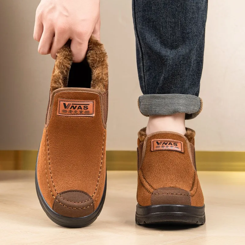 Men Winter Plush‑Lined Slip‑On High‑Top Cotton Shoes Non‑Slip Thick‑Sole Warm Elderly Dad Casual Walking Flat Shoes