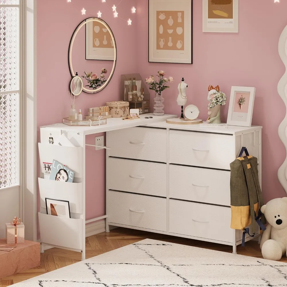 Dresser, modern corner dresser with 6 drawers, power socket side pocket, L-shaped drawer dresser, dresser for girls