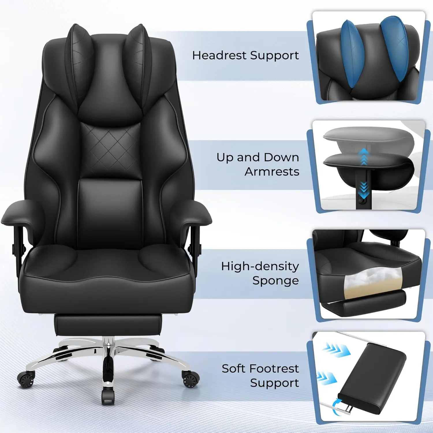 Big and Tall Massage Office Chair,Reclining High Back Ergonomic Home Office Desk Chair with Adjustable Padded Armrest and Foot R