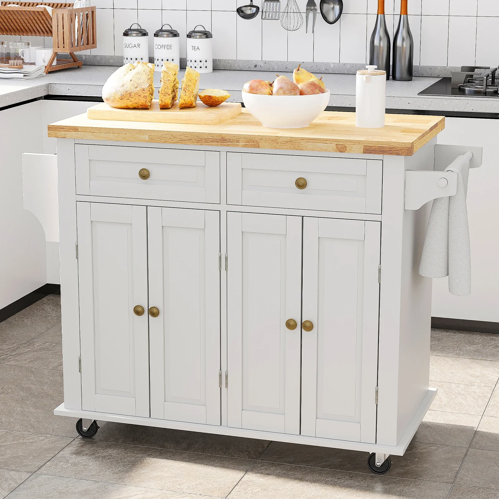 Rolling Kitchen Cart with Rubber Wood Top Breakfast Bar, 43