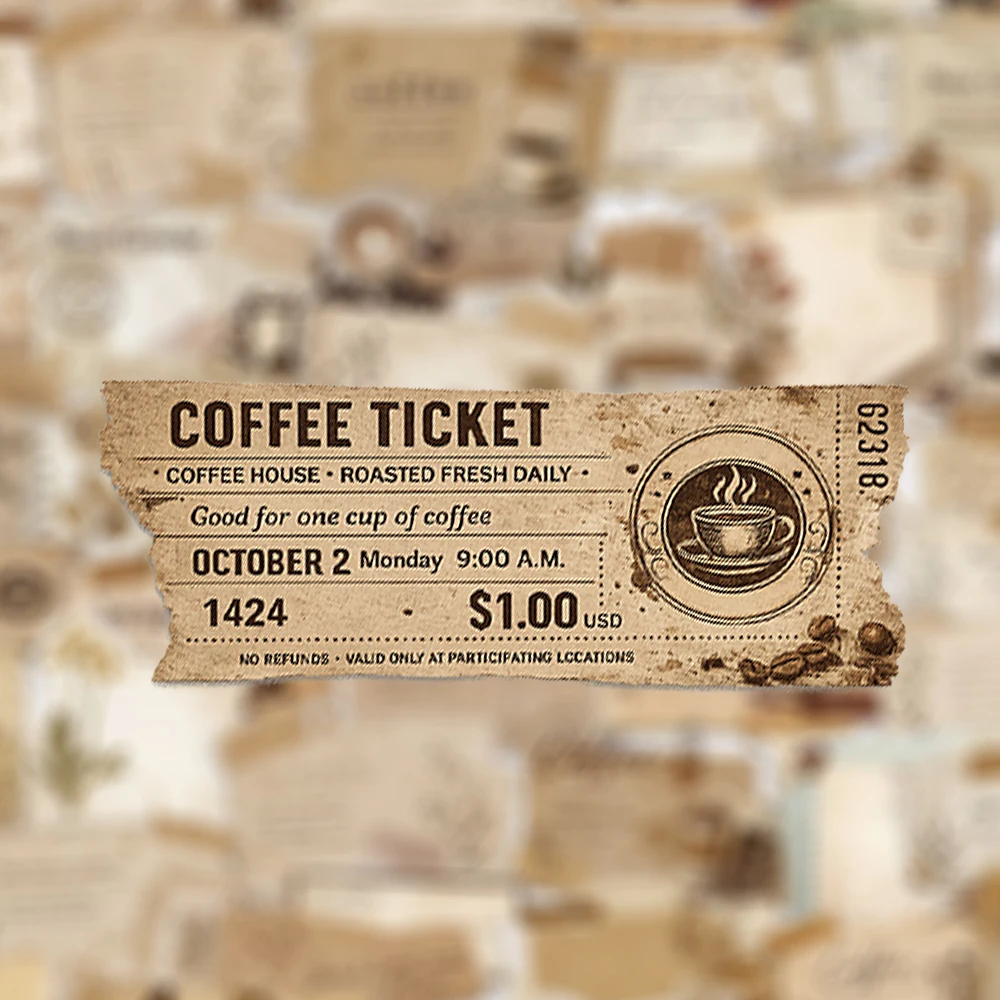 10/30/50pcs Vintage Coffee Journal Envelope Stickers Transparent Waterproof Sticker Notebook Phone Luggage Cartoon Decals Pack