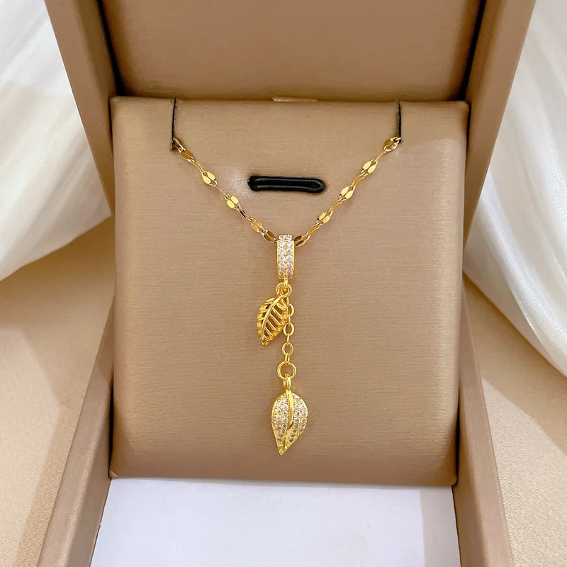 316L Stainless Steel Minimalist Micro Paved Cylinder Beads Necklace For Women Leaves Tassel Pendant Choker Trendy Femme Jewelry