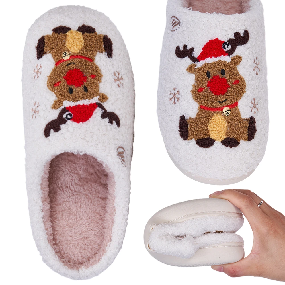 

Christmas Elk Warm Cotton Slippers for Men Women Winter Flat Thermal Slippers Comfortable Furry Reindeer Slippers Indoor Shoes