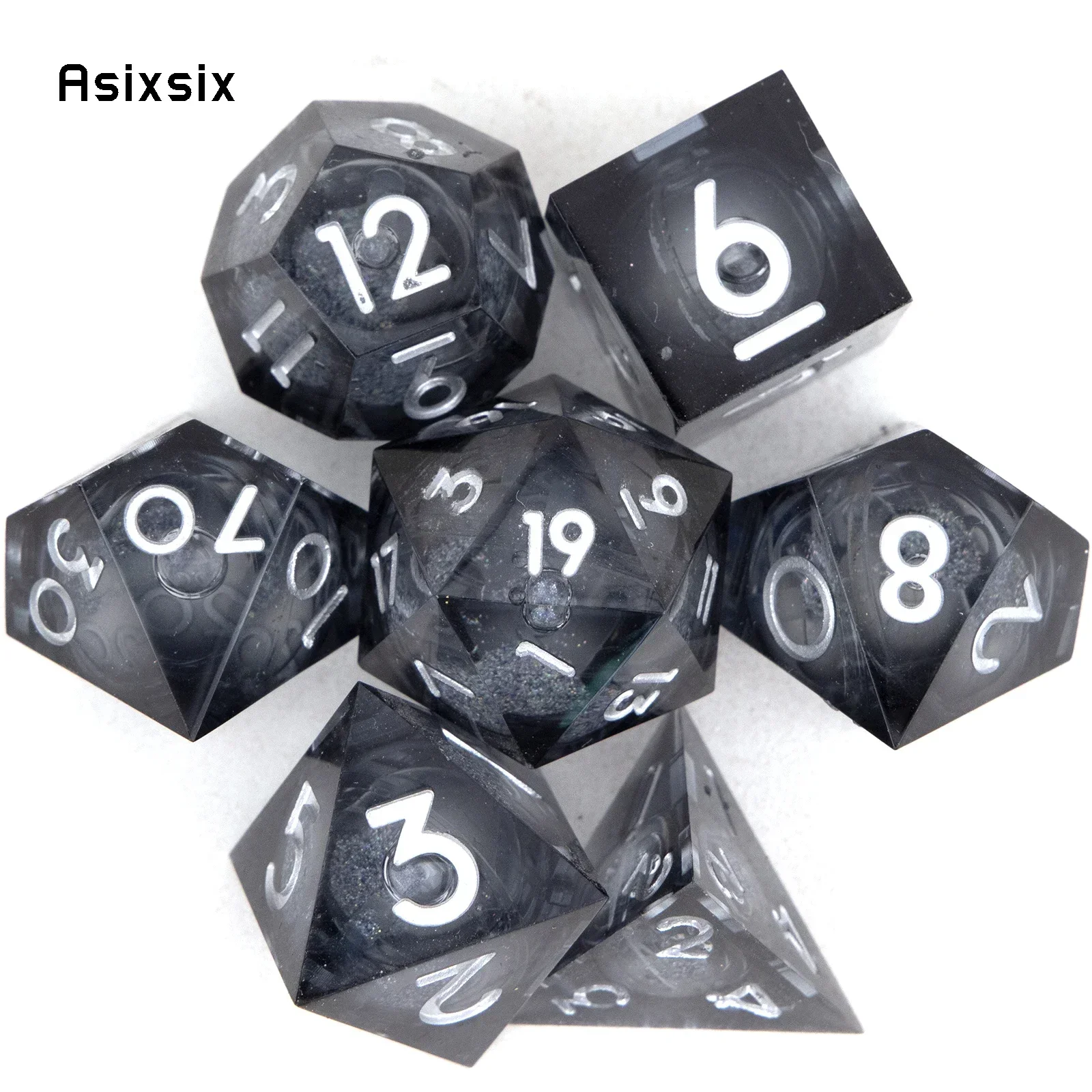 

RESIN Dice, Perfect For Tabletop Rpgs And Card Games 7 Pcs Black Resin Flowing Sand White Number Sharp Edge Dice Polyhedral Dice