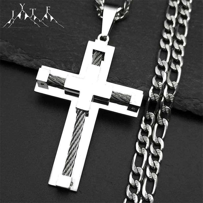 مزدوجة يسوع الصليب قلادة قلادة للنساء الرجال الفولاذ المقاوم للصدأ كريستين فضي اللون الهيب هوب سلسلة الإيمان مجوهرات هدية #4