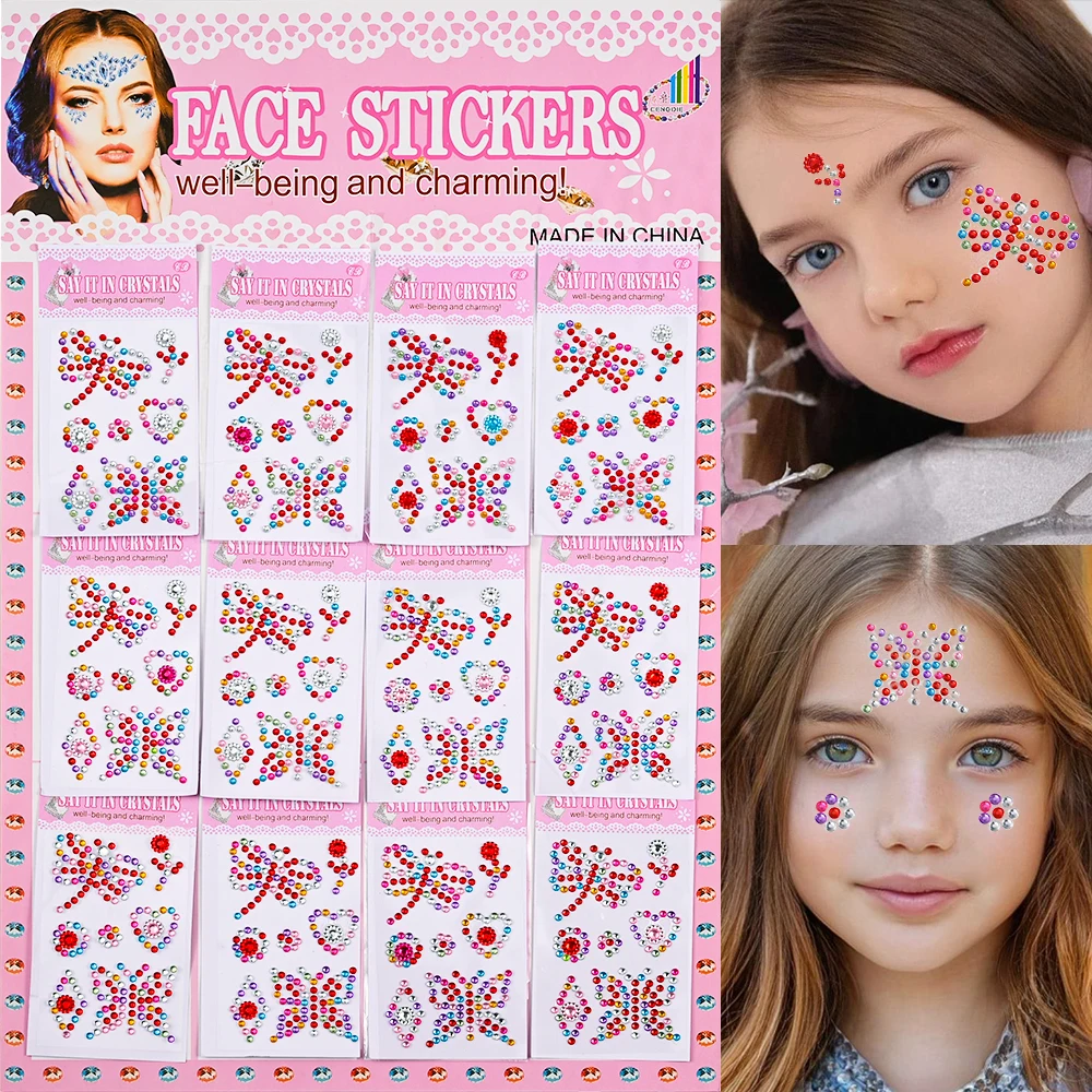 12Pcs/set Sparkly Kids Makeup Face Stickers Crystal Diamonds Gemstones Girls Women Holiday Party Self Adhesive Eye Face Tattoos