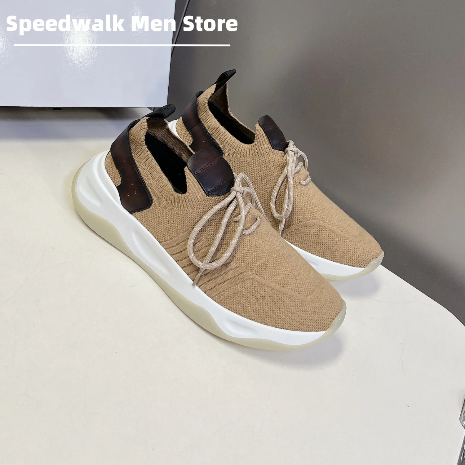 All Season Men Elastic Knit Sneakers Spring Autumn Leather Patch Lace Up Shock Absorbing Thick Sole Business Casual Trainers