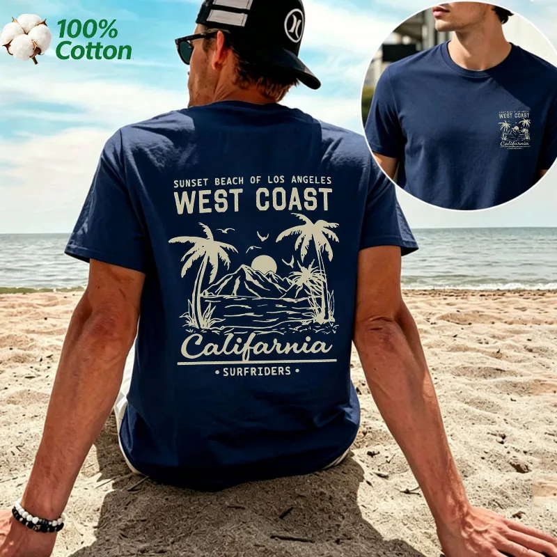 California West Coast T Shirt Men 100% Cotton Vintage Surf Palm Tree Graphic Casual Short Sleeve Summer Beach Tee Unisex Top