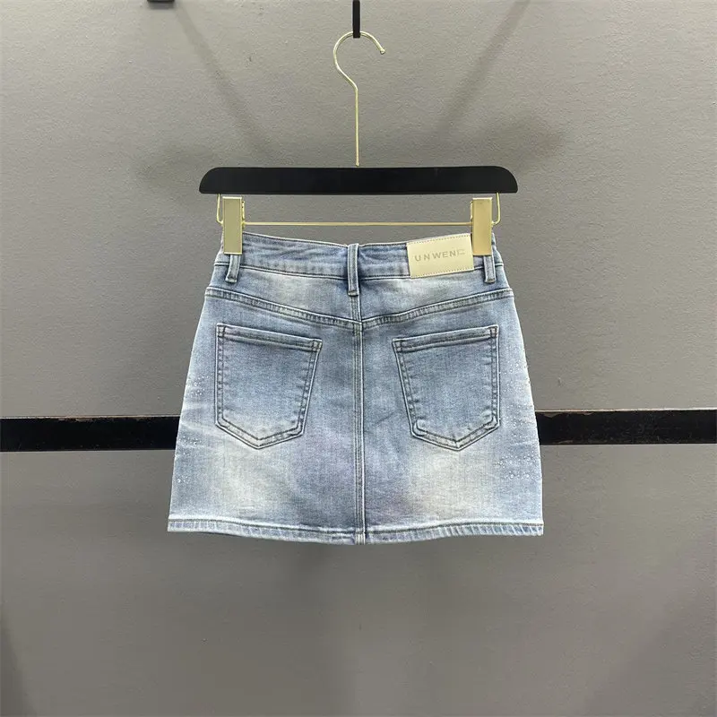 Summer New Rhinestone Denim Short Skirt For Women American Casual Fashion Sequins Sparkling Spicy Girl Slim Denim Skirts