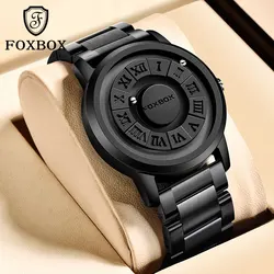 LIGE-FOXBOX Brand Quartz Watch for Men, Creative Stainless Steel Band, Scrolling Beads, Força Magnética, Relógio Impermeável