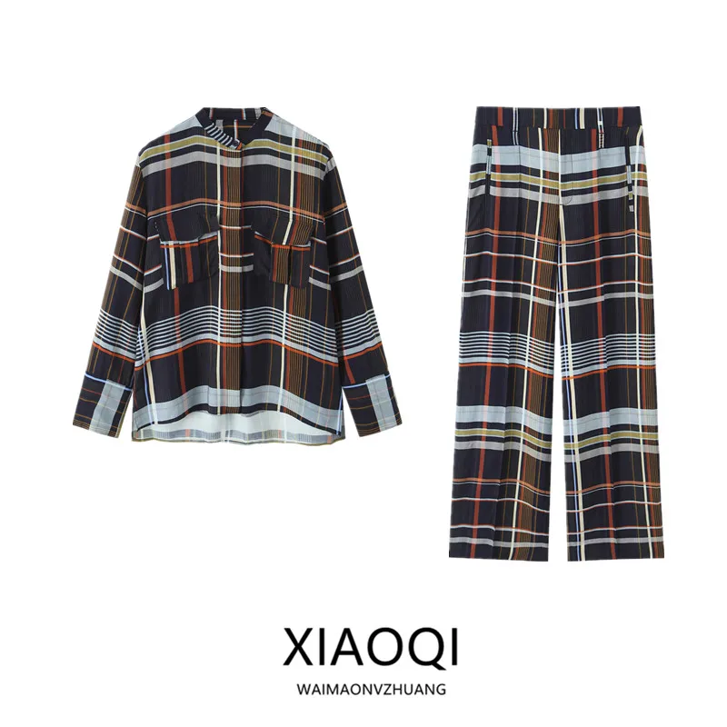 Autumn 2025 Women's Fashion Loose High Waist Plaid Shirt with Pocket And Long Pants Versatile New Arrival Two Piece Set
