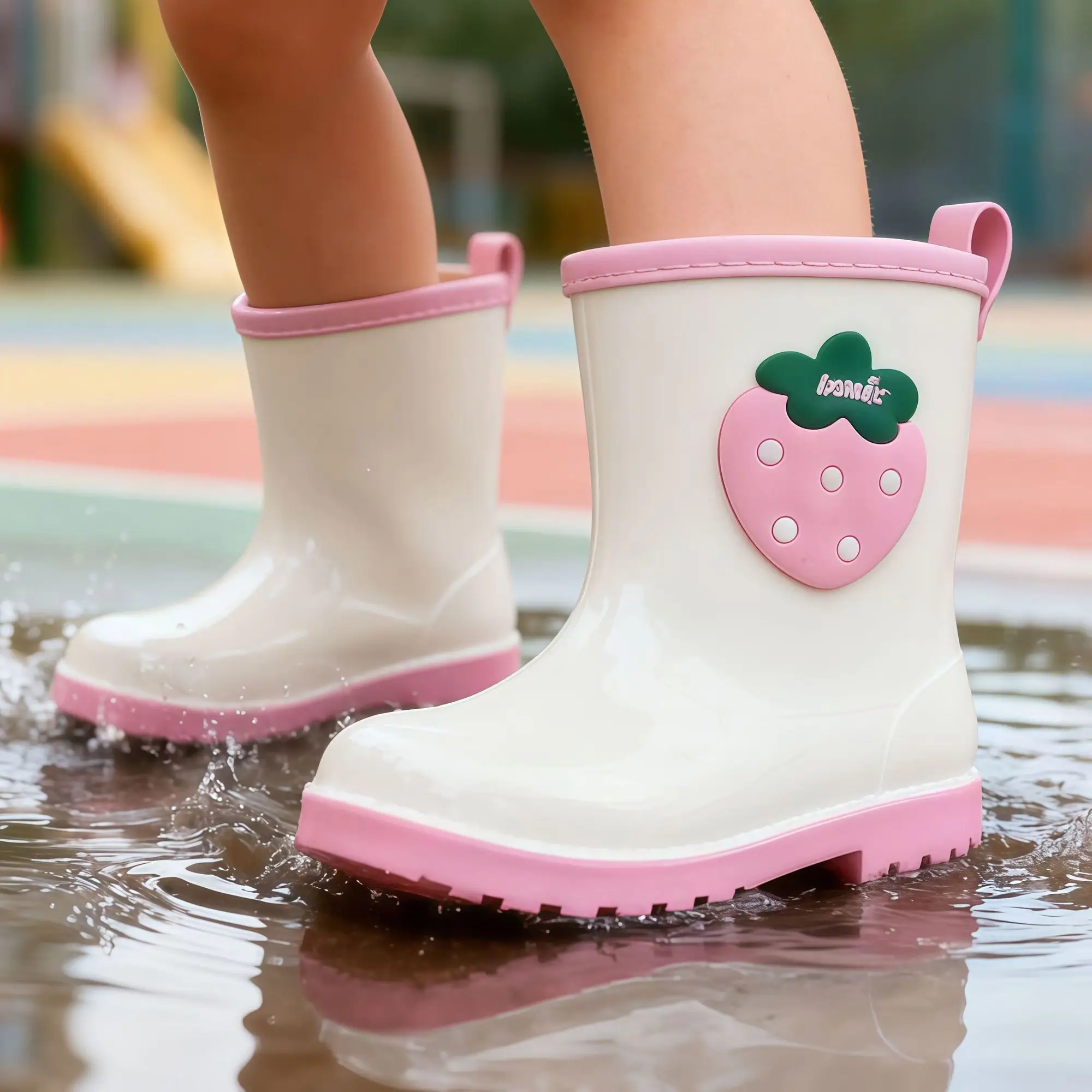 Kids Waterproof Rain Boots Girls Cute Strawberry Design Outdoor Slip Resistant Boots for Preschool School Child Footwear