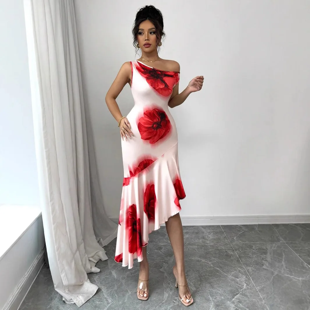 

Inclined Shoulder Dresses Print Dress Women Party Sleeveless Loose Fit Spliced Summer Sexy Club Vestidos Ankle Length 2025
