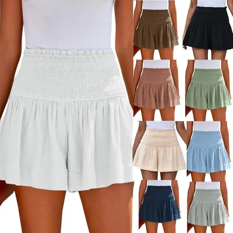 Spring Summer New Pure Color High Waist Gathered Short Pants Casual Cotton Linen Women's Three-quarter Length Pants