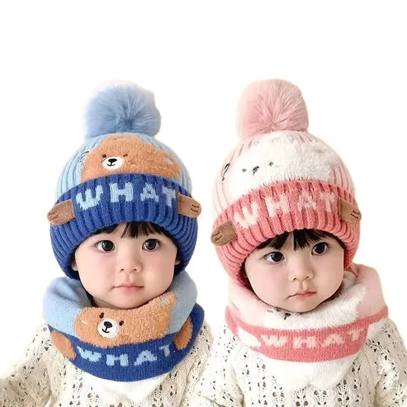 

Doitbest 2 Pcs Pompom Kids Hat Scarf Set WHAT Letters Knit Warm Child Hats For Boys Girls Bonnet Beanie Winter Children Cap