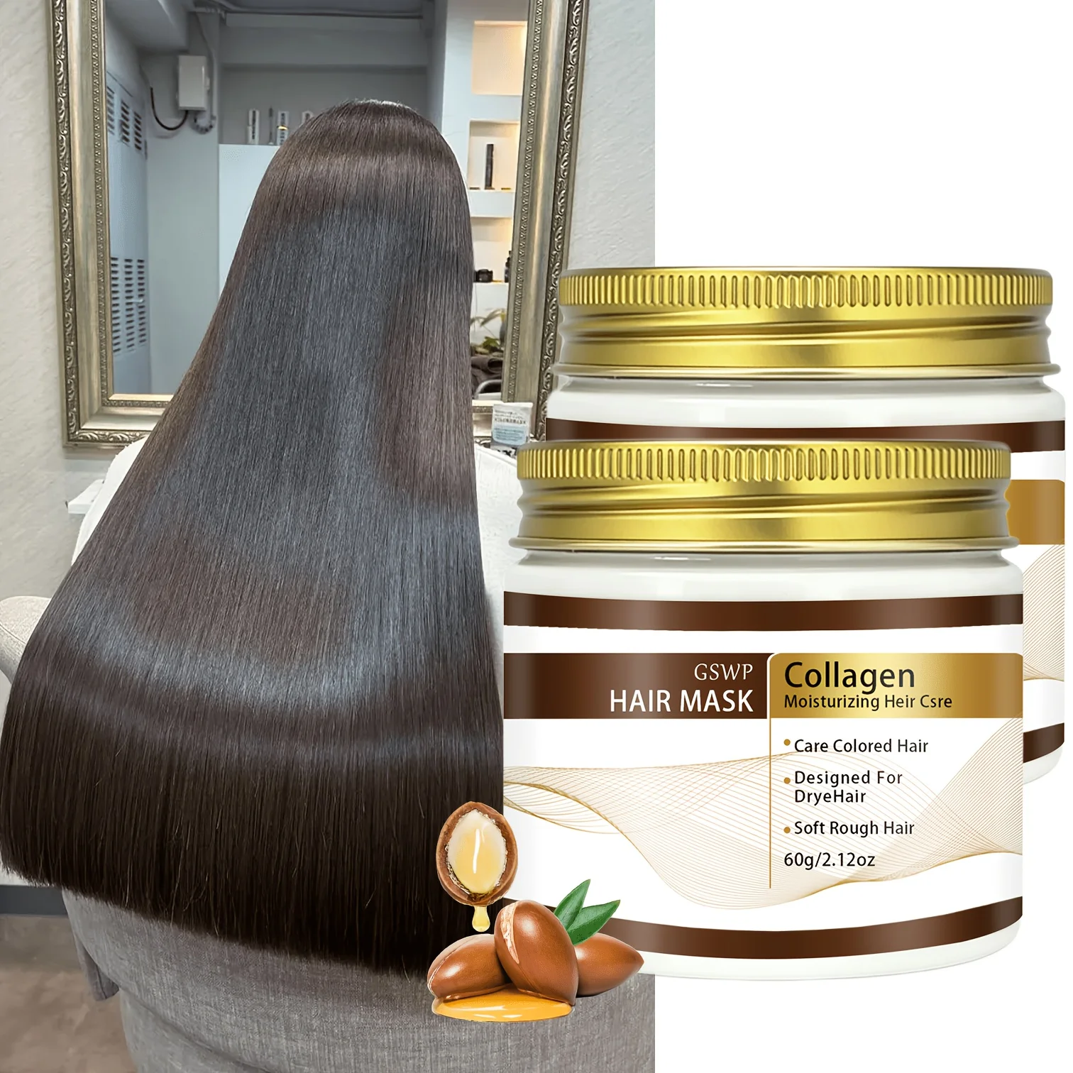 Mascarilla capilar de colágeno y queratina GSWP, repara el cabello seco, dañado, encrespado y con puntas abiertas, fortalece las hebras del cabello. 60/120g