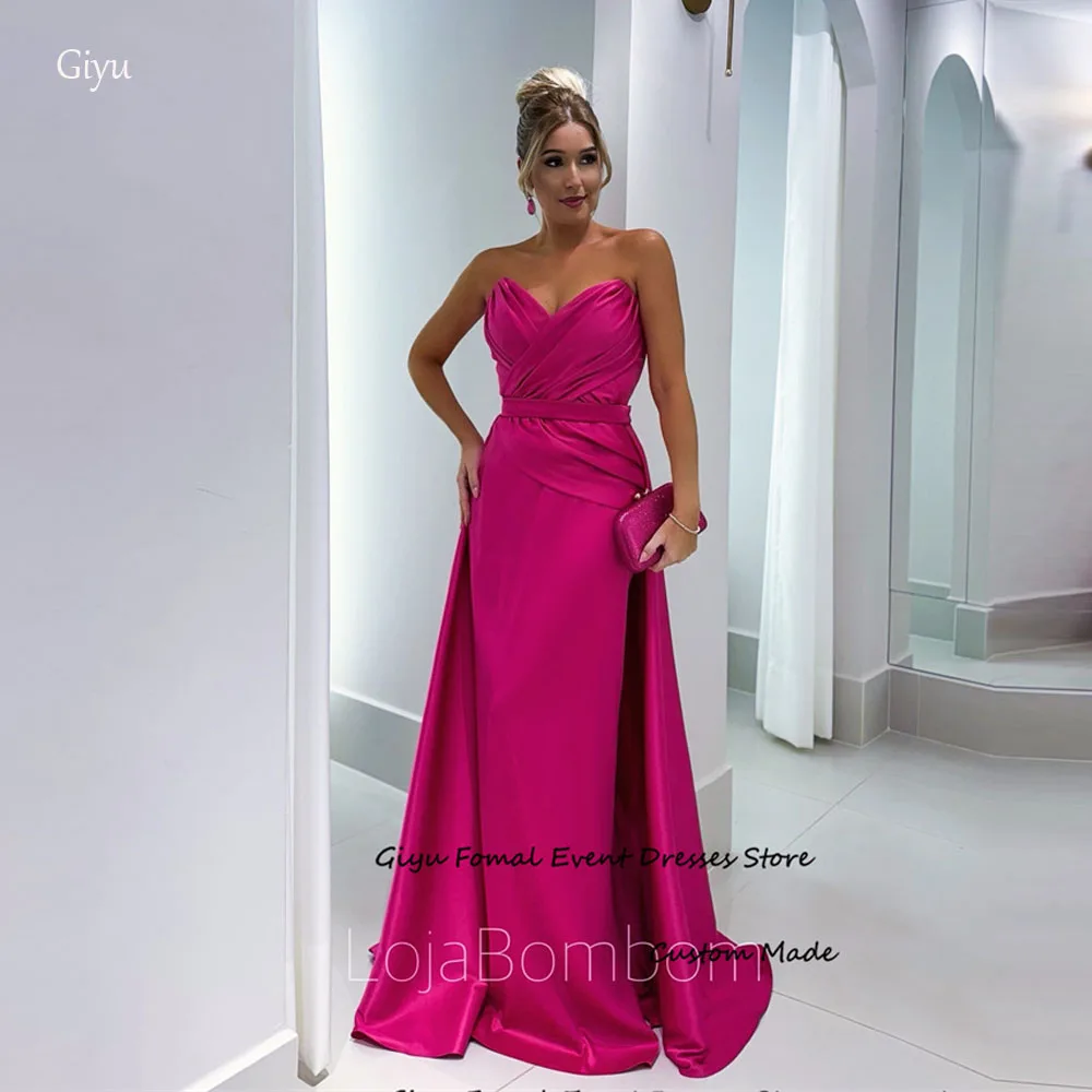 

Giyu Fuschia Women Evening Dresses With Detachable Train Sweetheart Pleats Satin Floor length Prom Gowns Formal Party Dress