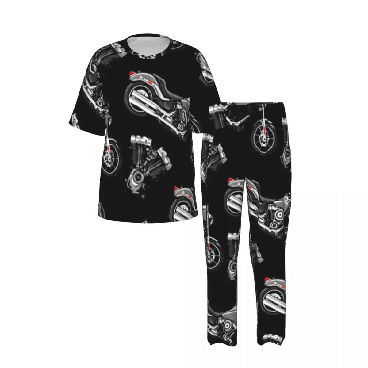 Sleepwear Summer Spring Home Clothes Motorcycle Pattern Short Sleeve Long Pant Nightwear