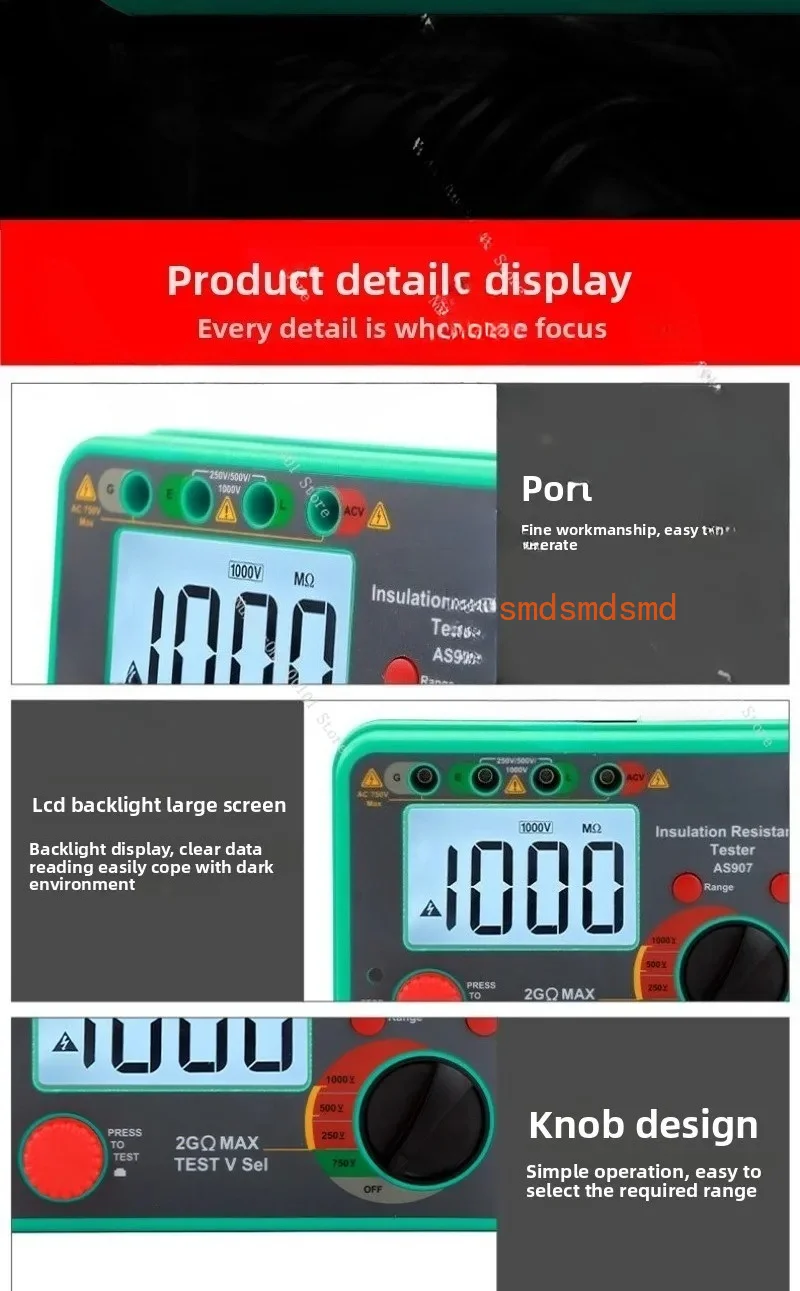 AS907 Megohmmeter Digital Insulation Resistance Tester Electrician's Megger High Precision Lightning Protection Insulation Test