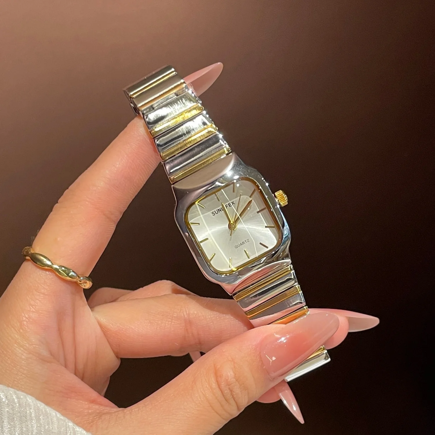 SUNLIFEX, pulsera de acero inoxidable, relojes para mujer, esfera cuadrada, relojes de pulsera de cuarzo para mujer, reloj de vestir de marca superior a la moda para mujer