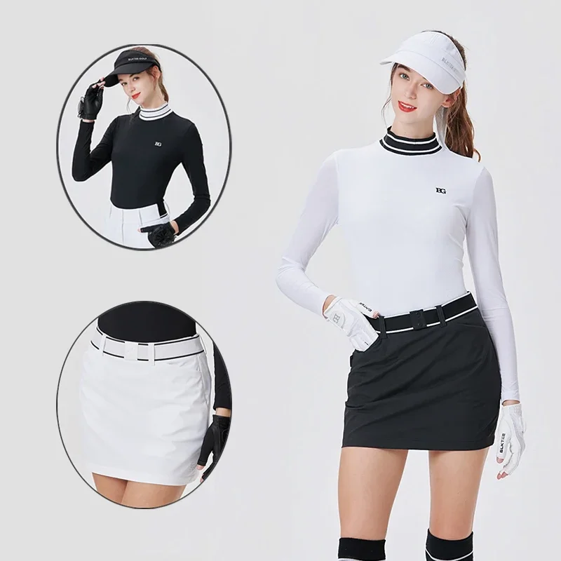 Blktee Lady Ice Silk Long Sleeve Golf Tops Women Stand Collar Summer Shirts High Waist Pencil Skirts Sports Golf Suit