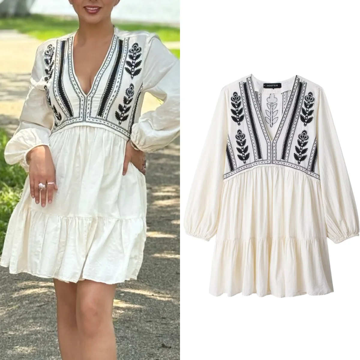 

TRAF Women's Linen V Neck Embroidered Short Dress Women Fashion Chic Ruffle Long Sleeve Loose Fit Mini Dress 2024 Summer