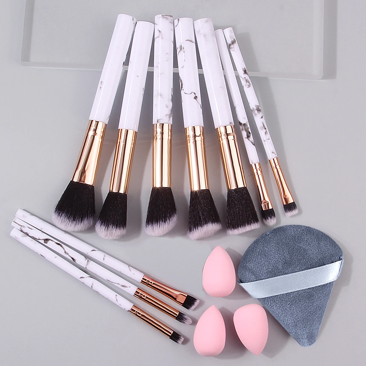10PCS Marbled loose powder blush makeup brush set +3PCS mini sponge egg +1PCS triangular powder puff beauty tool