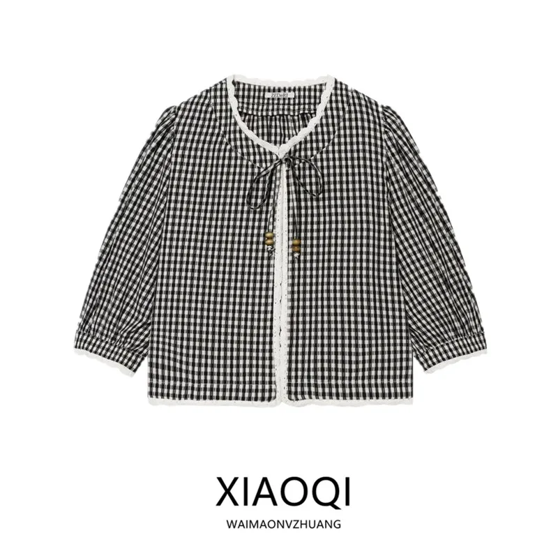 

Women's round Neck Elbow Sleeve Hook Needle Splicing Plaid Top New Summer 2026 Loose Fit Bubble Sleeve Comfortable Breathable