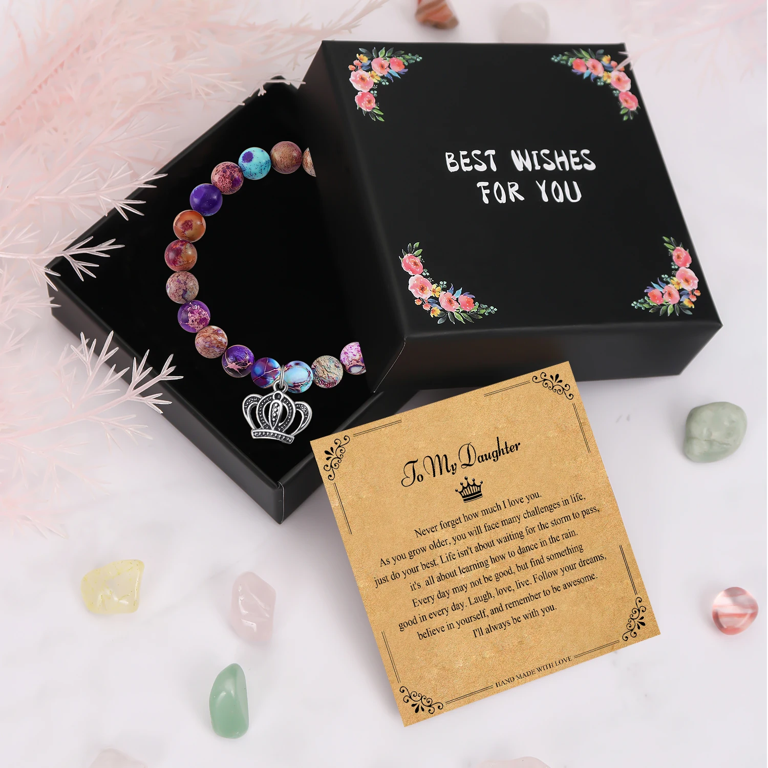 딸용 독특한 크리스마스 선물, 우아한 왕관 펜던트 팔찌, 선물 상자, 축복 카드, 왕관 팔찌, 딸 선물, 1PC