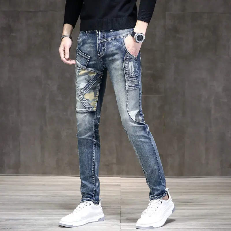 

2022 Camouflage Color Contrast Splice Fashion Korean Jeans Men's Fashion Slim Elastic Versatile Handsome Pants skinny jeans men