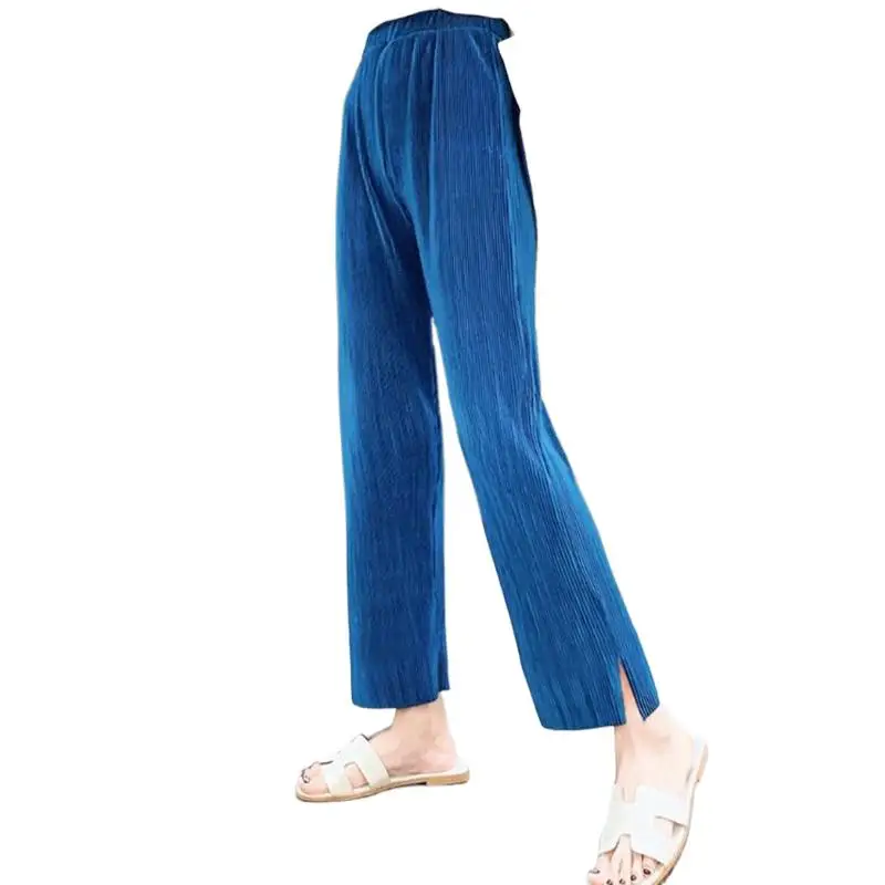 

2024 Summer Women Fashion slit Pleated Pants Ankle-Length Ice silk pants Female High Waist vintage Trousers