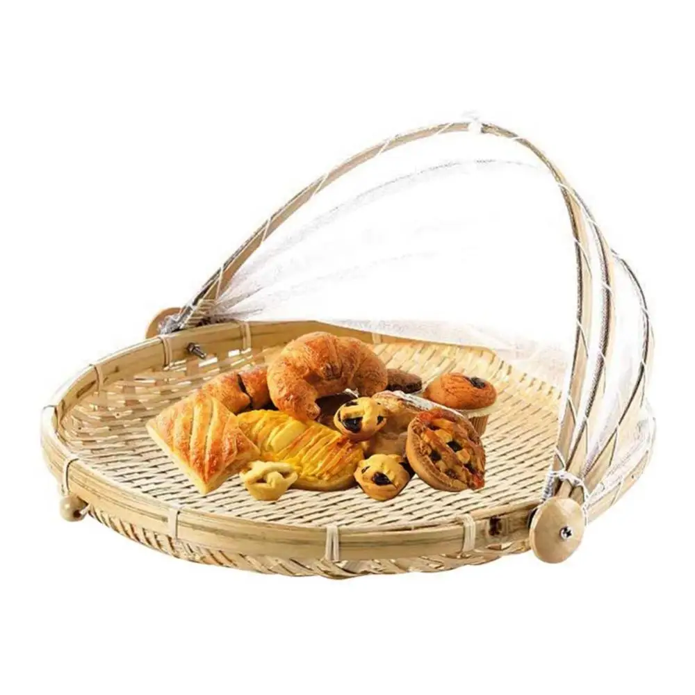 Serving Basket Bamboo Picnic Food Anti Flies Insect Net Cover Bread Fruit Tray