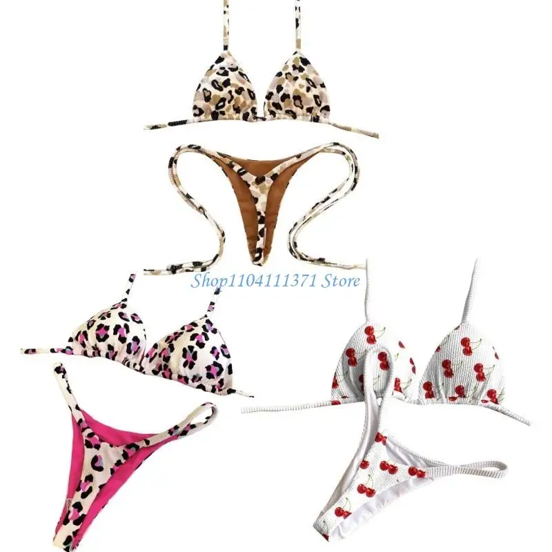 P9FC Women Halterneck Thong Swimsuit Set Triangular String Bathing Suit Ladies Push Up Thong Swimwears Low Waist Thong Briefs