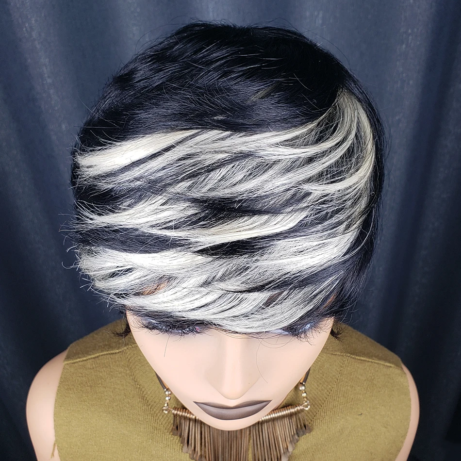 짧은 스트레이트 픽시컷 가발 블랙 그레이 밥 가발 앞머리 포함 기계 제작 브라질 레미 인모 가발 흑인 여성용
