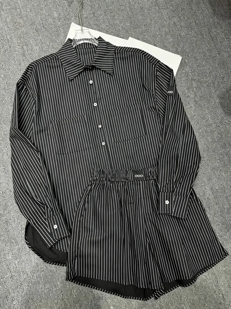 Women Two Piece Set Summer Outfit Striped Long Sleeve Shirt Sunscreen UV Protection Versatile Casual Shorts