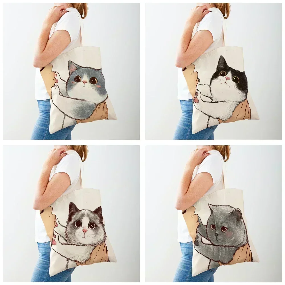 PDE1 Bolsa de compras de ambos os lados, gato engraçado dos desenhos animados, casual, feminina, lona de compras