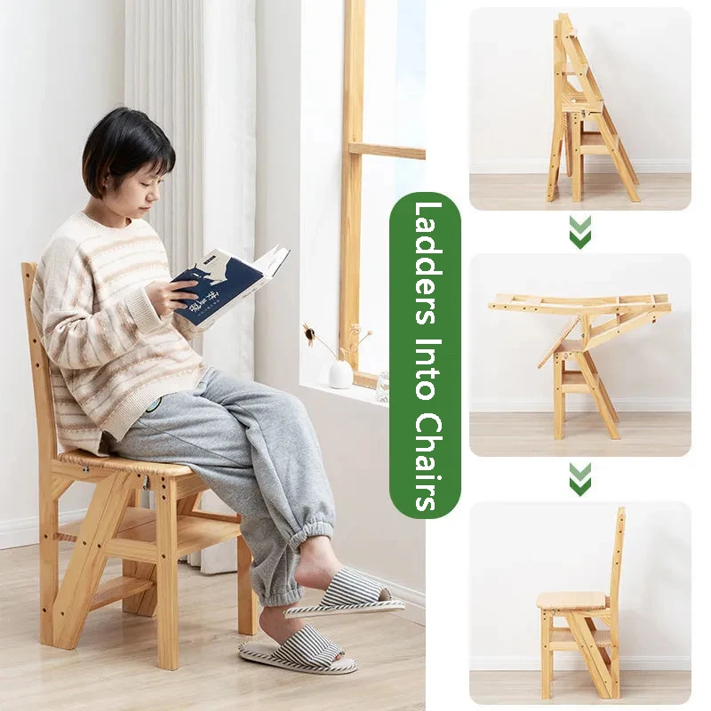 Multi-function Solid Wood Household Ladder Chair Folding Dual-use Ladder Stool Indoor Climbing Pedal Stair Furniture Shipping