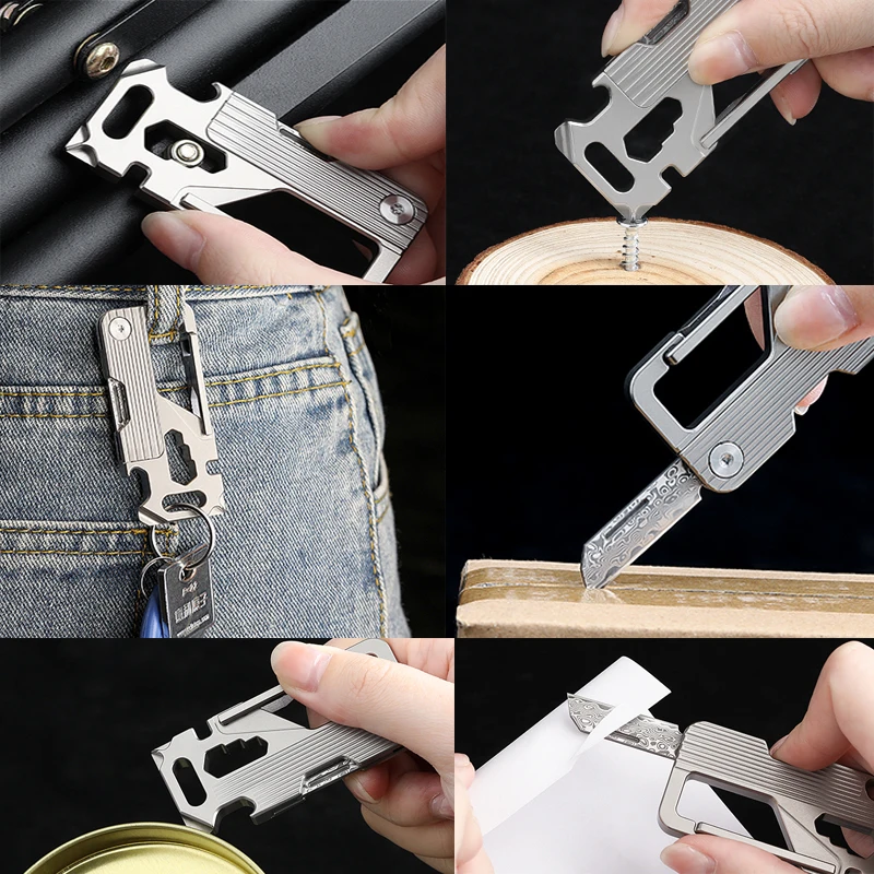 Imagem -02 - Titanium Alloy Buckle Folding Knife Damascus Blade Abridor de Garrafas Chave de Fenda Segurança ao ar Livre Auto-defesa Edc Tools em 1