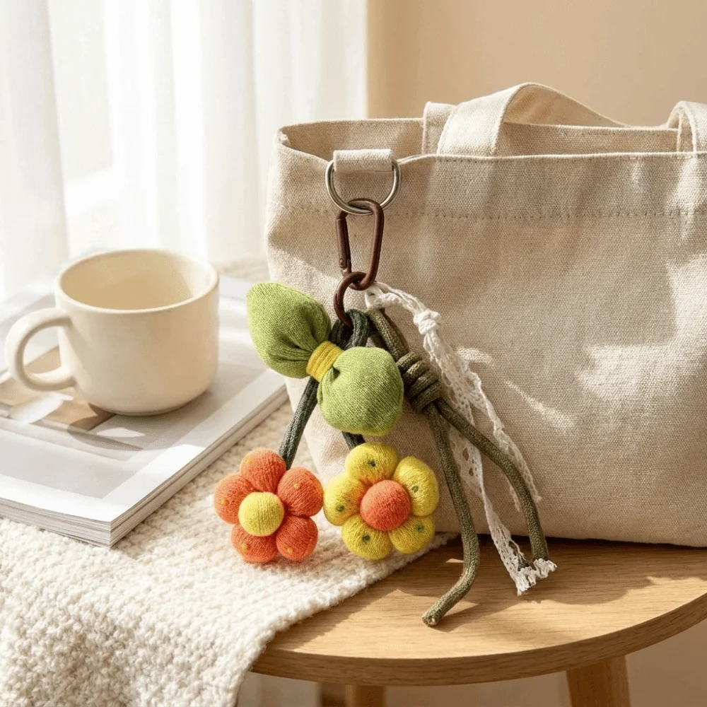 Country Style Fabric Flower Keychain Carabiner Clip Plush Botanical Keyring Luffa Tassel Pastoral Style Bag Charm for Backpack