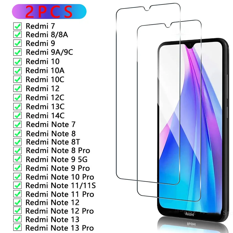 2 Peças de Vidro Protetor para Xiaomi Redmi 7 8 9 10C 12C 13C 14C, Protetor de Tela Temperado para Redmi Note 8 9 11 12 13, Película de Vidro de Segurança