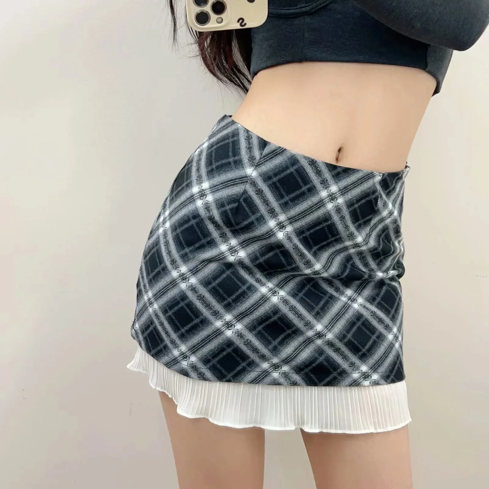 American Style Design Sense Fake Two Pieces Lace Wrapped Hip Skirts Women's 2024 Summer Slim Sexy Plaid A-line Skirt 7E9Y